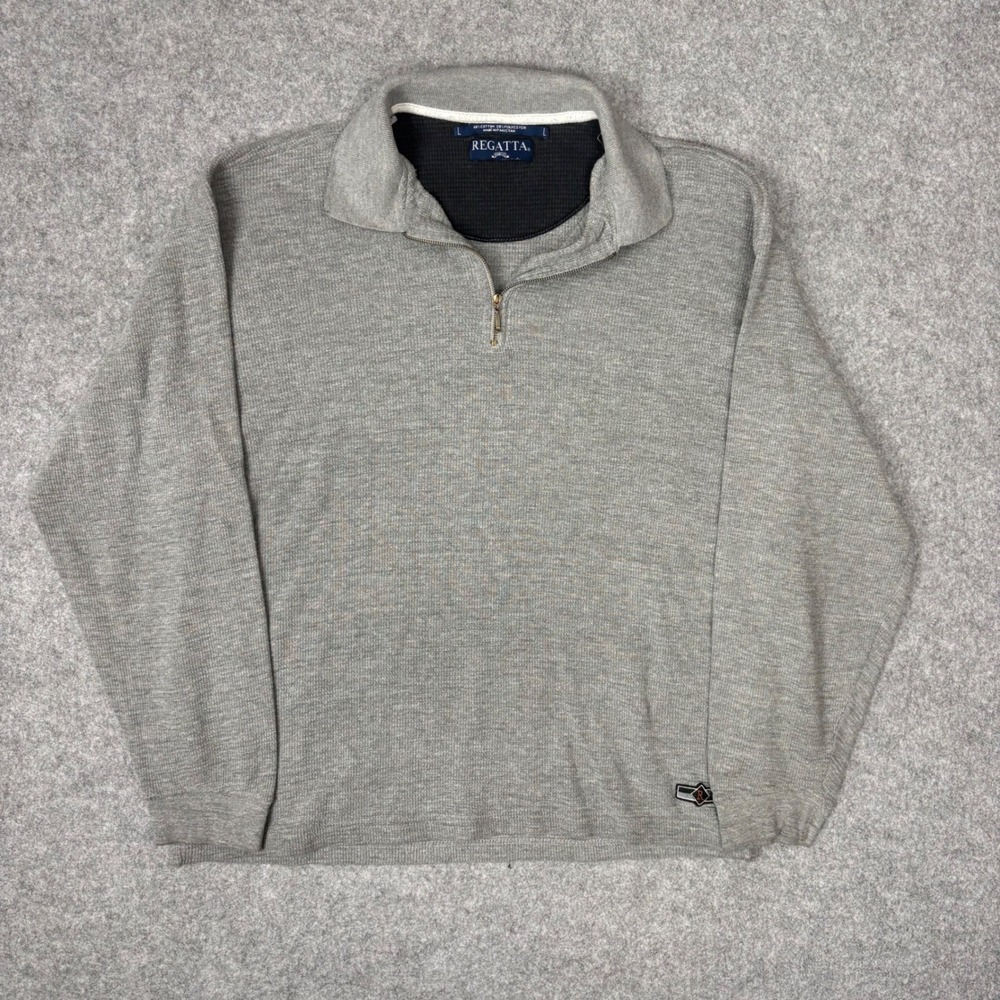 Regatta Men Gray Waffle Knit Quarter Zip Pullover Sweater Size Large Long Sleeve